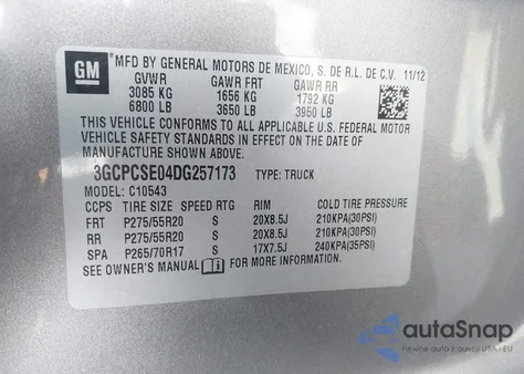 2013 Chevrolet Silverado 1500 Lt из США, поврежденный, VIN 3GCPCSE04DG257173